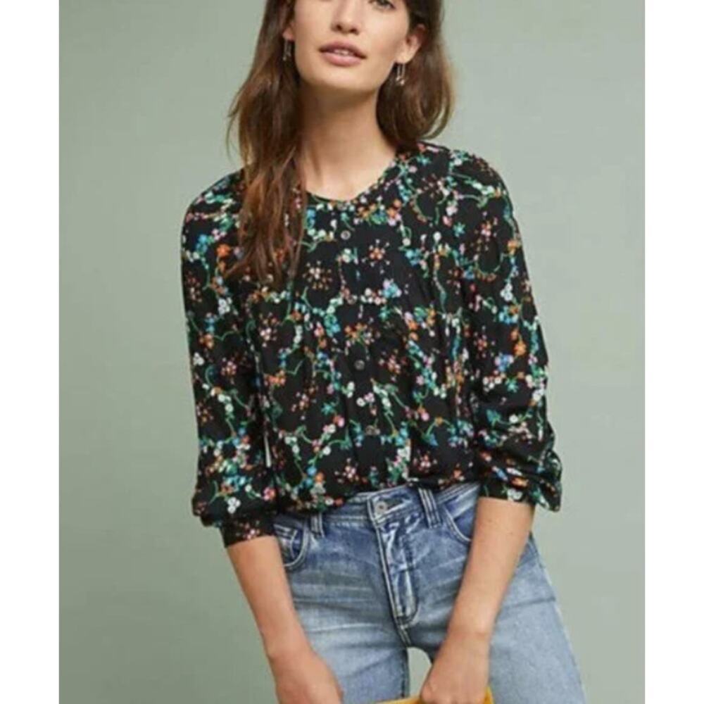 Maeve by Anthropologie Women’s Avignon Button Down Black Floral Blouse Bohemian